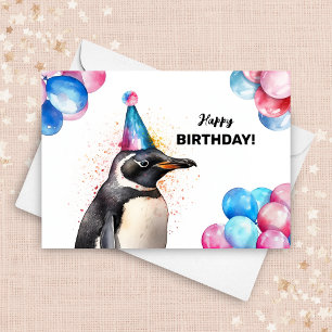 Tarjeta Pingüino con globos y Gorra Fiesta Cumpleaños