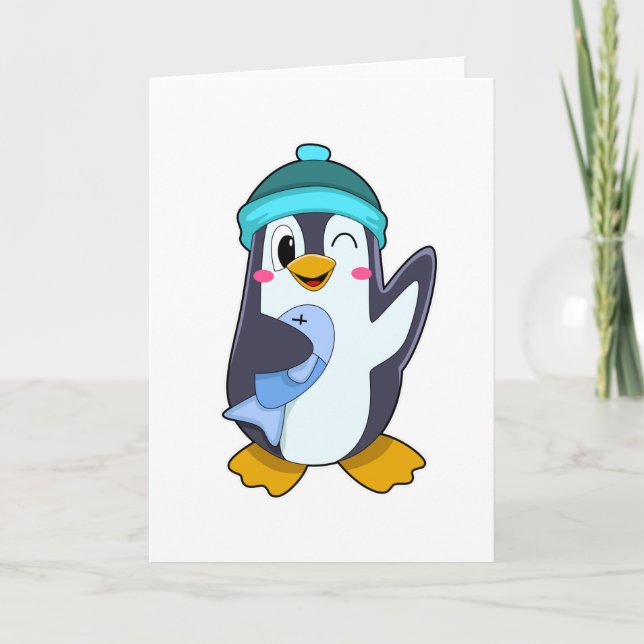 Tarjeta Pingüino con pescado y sombrero (Anverso)