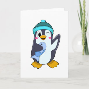 Tarjeta Pingüino con pescado y sombrero
