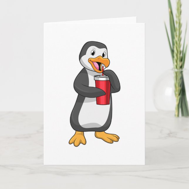 Tarjeta Pingüino con taza para beber con pajita (Anverso)
