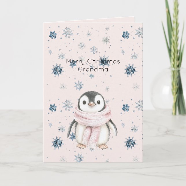 Tarjeta Pingüino Copos de Nieve Navidad Rosa Rubor (Anverso)