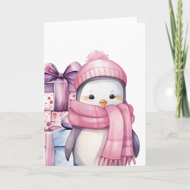 Tarjeta Pinguino Cute Acuarela de Rosa con Regalos (Anverso)