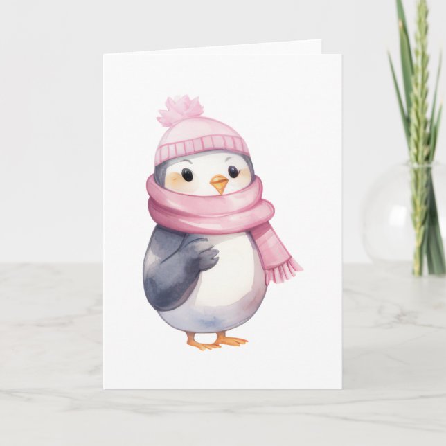 Tarjeta Pingüino de acuarela con bufanda rosa (Anverso)
