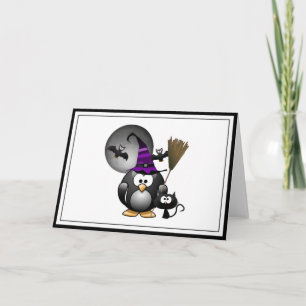 Tarjeta Pingüino de brujería con escena de Halloween