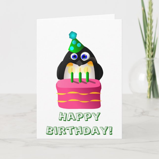 Tarjeta Pingüino De Cumpleaños Con Pastel (Anverso)