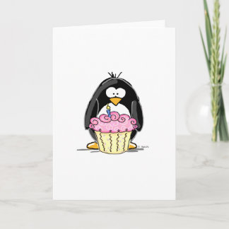Tarjeta Pingüino de cumpleaños con torta