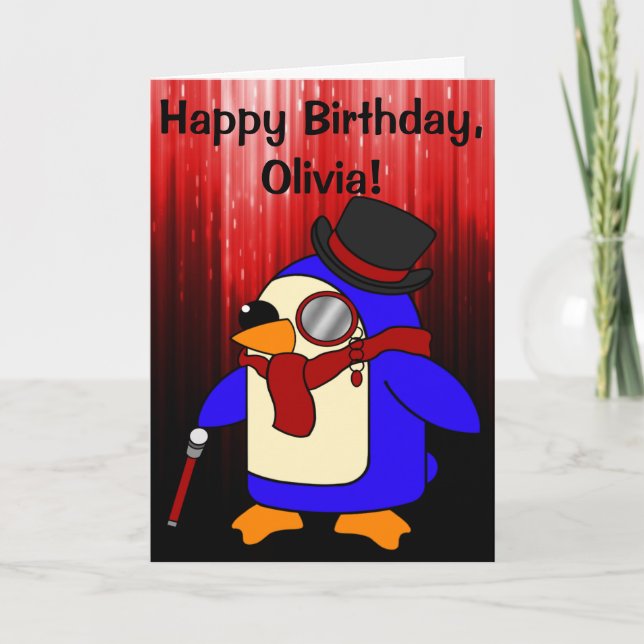 Tarjeta Pingüino de cumpleaños Negro y Rojo personalizable (Anverso)