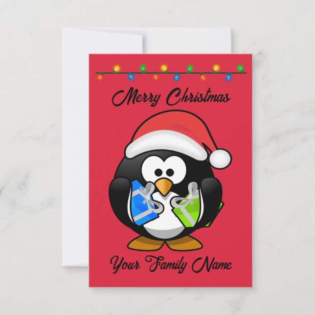 Tarjeta Pingüino de fondo rojo con regalos de Navidad (Anverso)