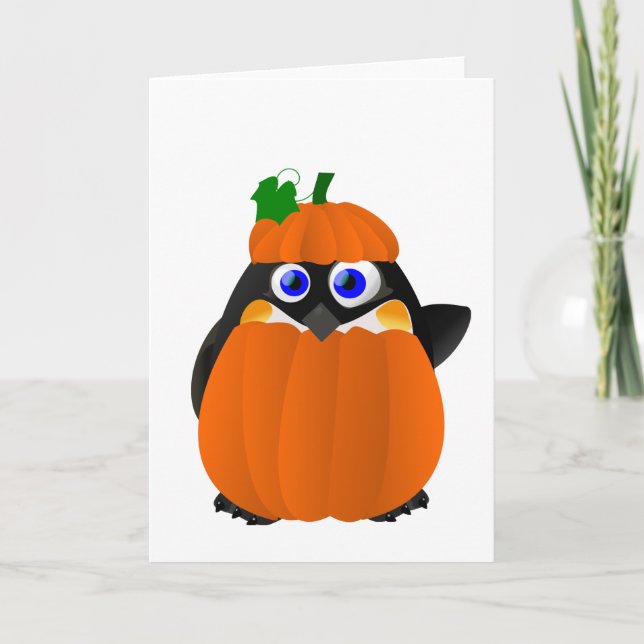 Tarjeta Pingüino de Halloween del traje de la calabaza (Anverso)