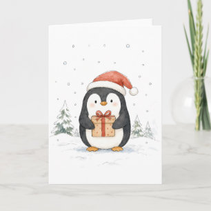 Tarjeta Pingüino de Navidad lindo con regalo y sombrero de