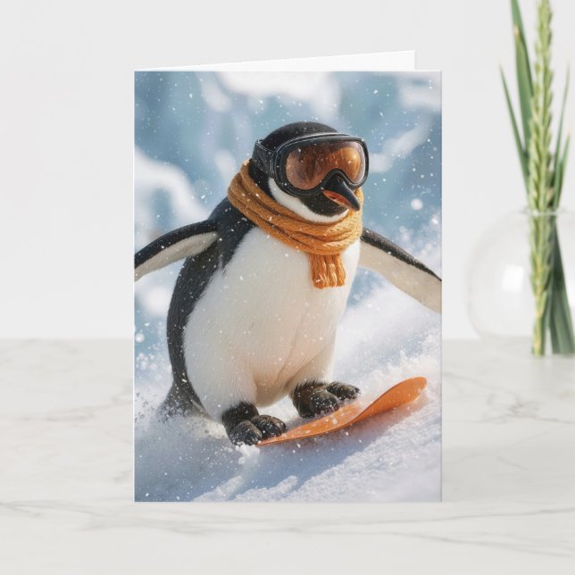 Tarjeta Pingüino de Navidad patinando cuesta abajo (Anverso)