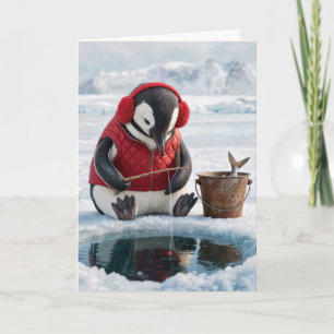 Tarjeta Pingüino de Navidad pescando en el hielo en un gla