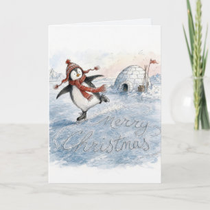 Tarjeta Pinguino de patinaje sobre hielo humor navideño