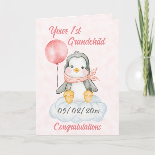 Tarjeta Pingüino de primer nieto personalizado (Anverso)