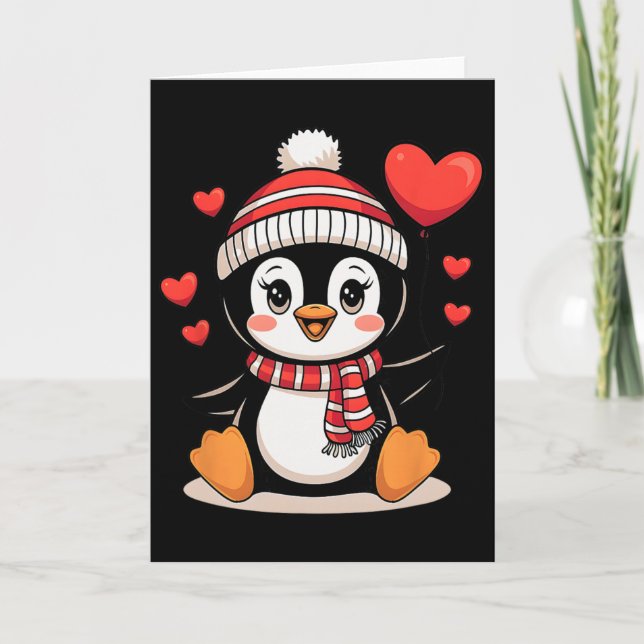 Tarjeta Pingüino de San Valentín Corazón Globo Lindo  (Anverso)