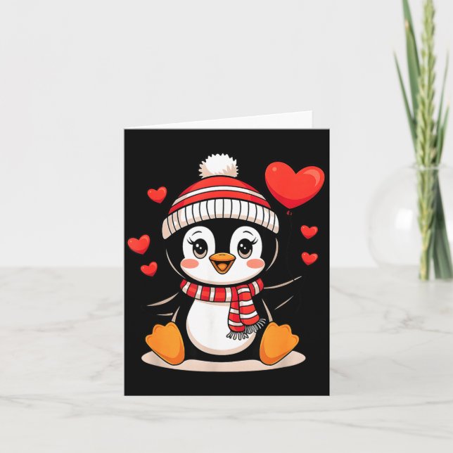 Tarjeta Pingüino de San Valentín Corazón Globo Lindo  (Anverso)