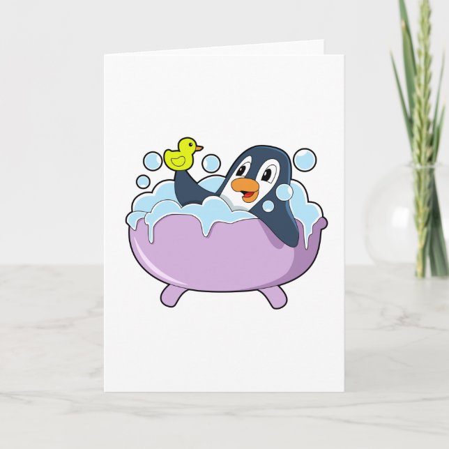 Tarjeta Pingüino en bañera con pato (Anverso)