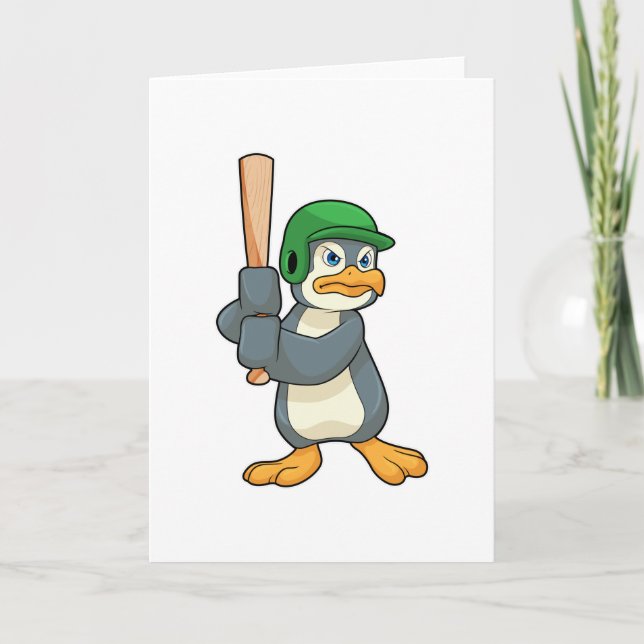 Tarjeta Pingüino en béisbol con bate de béisbol y casco (Anverso)