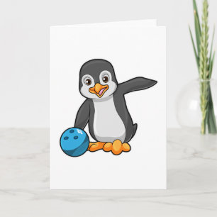 Tarjeta Pingüino en bolera con bola de bolos