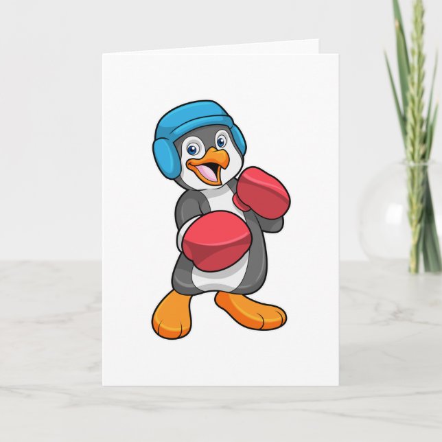Tarjeta Pingüino en boxeo con guantes y casco de boxeo (Anverso)