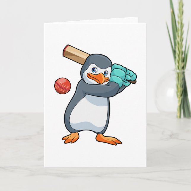 Tarjeta Pingüino en Cricket con bate de cricket (Anverso)