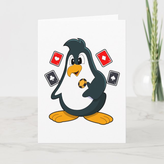 Tarjeta Pingüino en el póquer con cartas de póquer (Anverso)