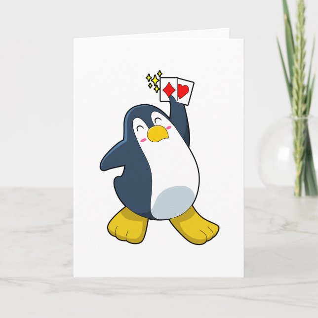 Tarjeta Pingüino en la mesa de póquer con cartas de póquer (Anverso)
