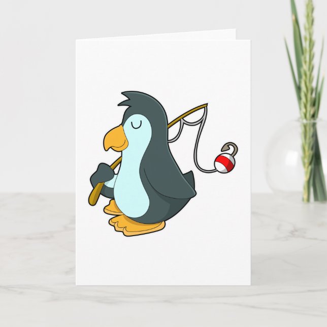 Tarjeta Pingüino en la pesca con caña (Anverso)