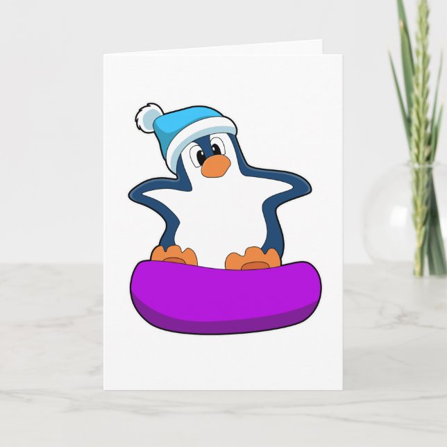 Tarjeta Pingüino en snowboarding con snowboard (Anverso)