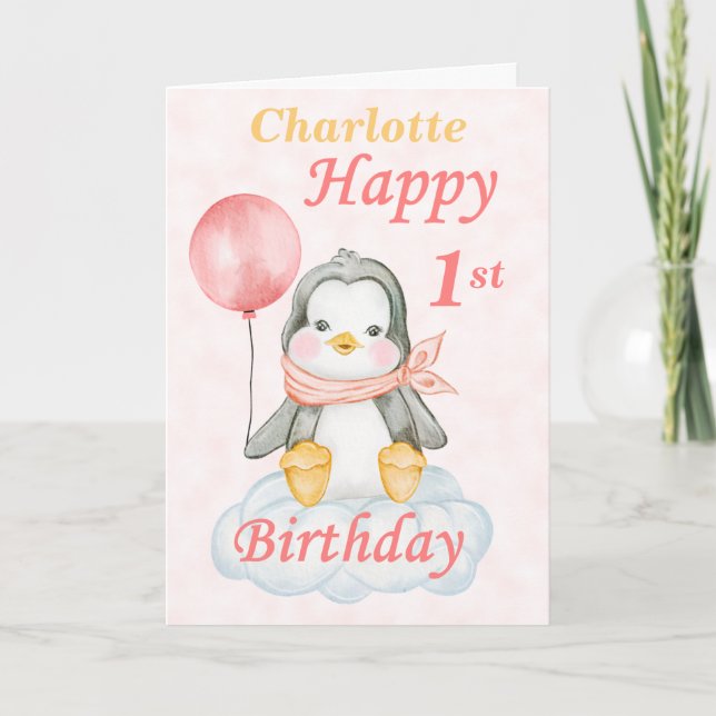Tarjeta Pingüino Feliz primer cumpleaños (Anverso)