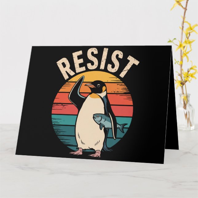 Tarjeta Pingüino gracioso se resiste a protestar contra ar (flor amarilla)