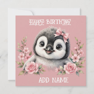 Tarjeta Pingüino hembra: cría con lazo y flores pastel