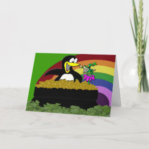 Tarjeta Pingüino, Leprechaun, oro y arcoiris