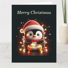 Tarjeta Pingüino lindo envuelto en luces Navidades