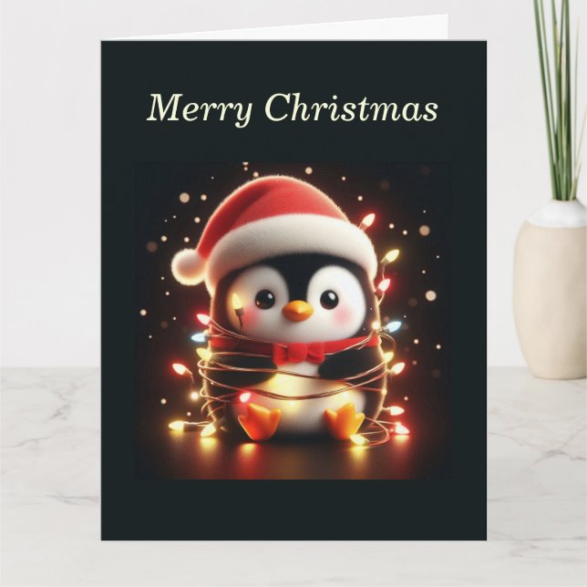 Tarjeta Pingüino lindo envuelto en luces Navidades (Anverso)