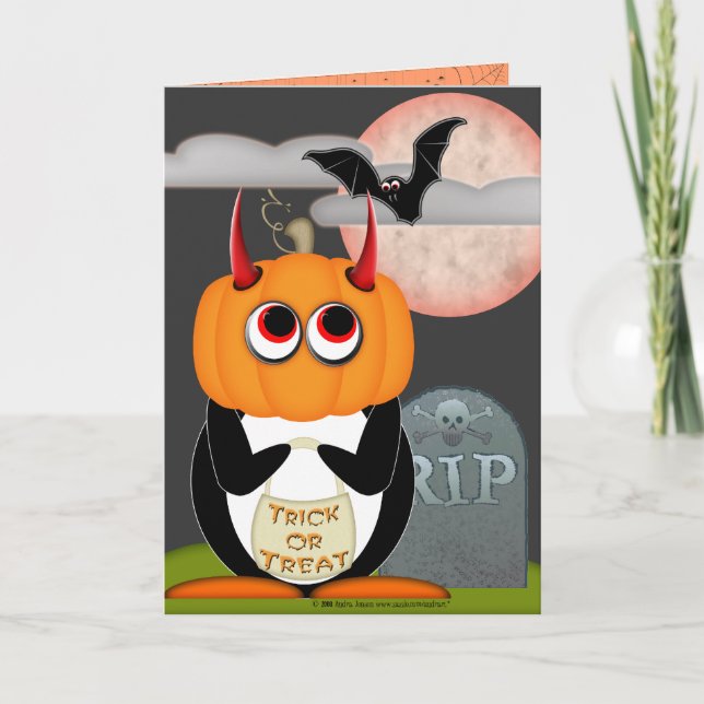 Tarjeta Pingüino malvado Halloween (Anverso)