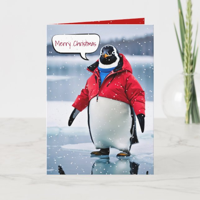 Tarjeta Pingüino navidad Con Abrigo Rojo (Anverso)