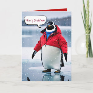 Tarjeta Pingüino navidad Con Abrigo Rojo
