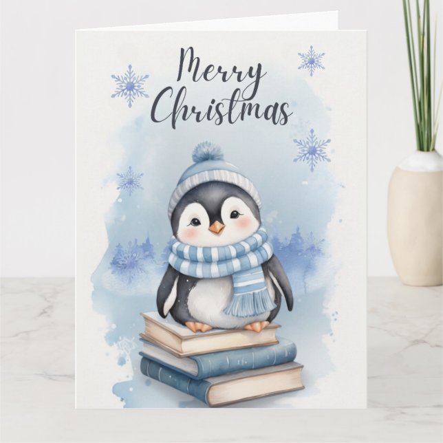 Tarjeta Pingüino Navidades de acuarela (Anverso)