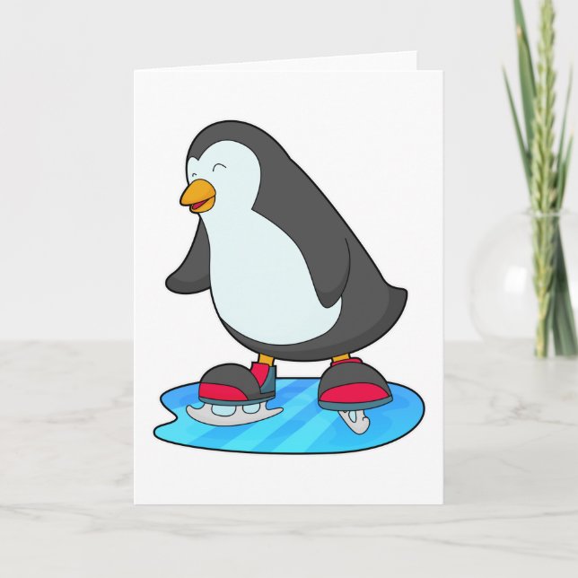 Tarjeta Pingüino patinando sobre hielo con patines de hiel (Anverso)