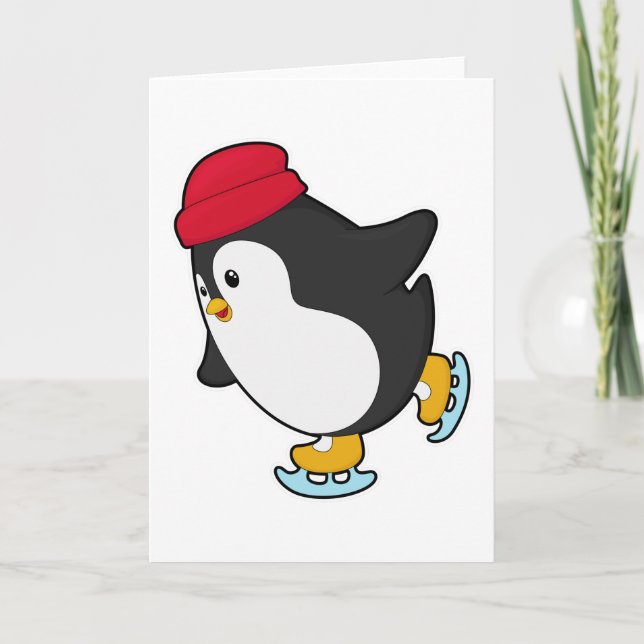 Tarjeta Pingüino patinando sobre hielo con sombrero (Anverso)