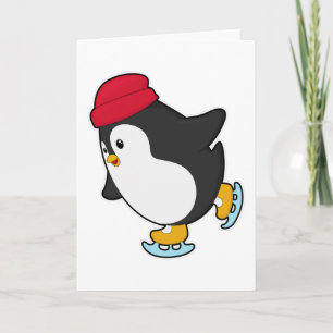 Tarjeta Pingüino patinando sobre hielo con sombrero
