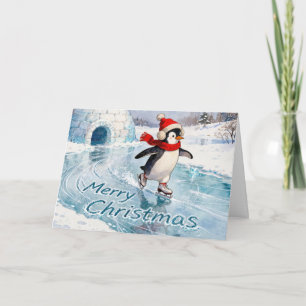 Tarjeta Pinguino patinando sobre hielo en Navidad