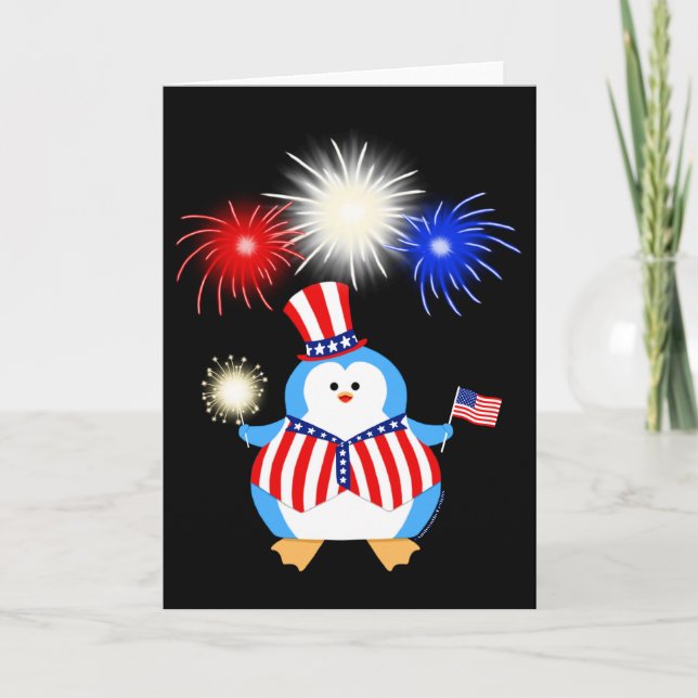 Tarjeta Pingüino patriótico con los fuegos artificiales (Anverso)