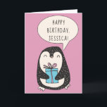 Tarjeta Pingüino personalizado con cumpleaños de regalo en<br><div class="desc">Envíe algunos saludos de cumpleaños personalizados con esta linda tarjeta de cumpleaños feliz de pingüino. Presenta un ilustracion de pingüino lindo que sostiene un regalo envuelto contra un fondo rosado. Utilice los campos de plantilla para crear fácilmente su propio mensaje personalizado en el frente y en el interior de esta...</div>