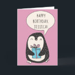 Tarjeta Pingüino personalizado con cumpleaños de regalo en<br><div class="desc">Envíe algunos saludos de cumpleaños personalizados con esta linda tarjeta de cumpleaños feliz de pingüino. Presenta un ilustracion de pingüino lindo que sostiene un regalo envuelto contra un fondo rosado. Utilice los campos de plantilla para crear fácilmente su propio mensaje personalizado en el frente y en el interior de esta...</div>