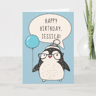 Tarjeta Pingüino personalizado con un cumpleaños con globo
