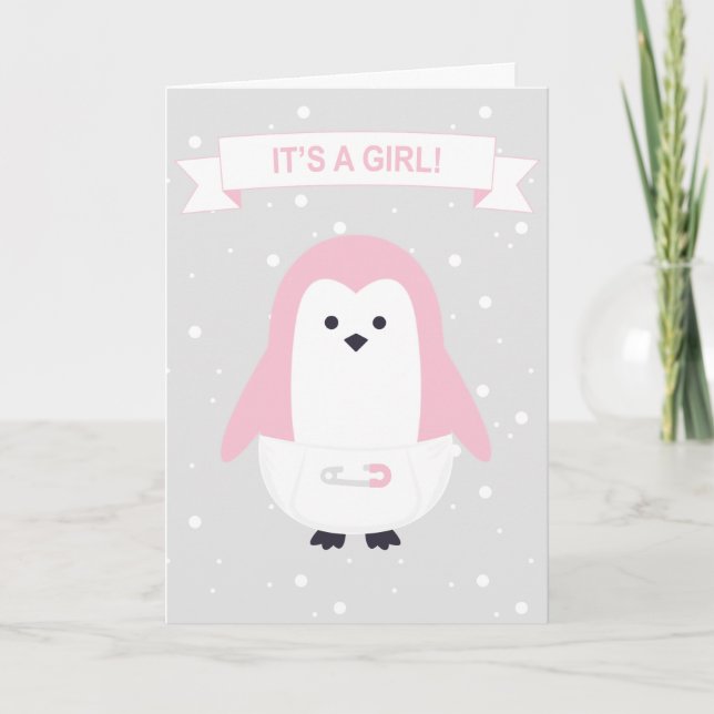 Tarjeta pingüino rosa para bebé (Anverso)