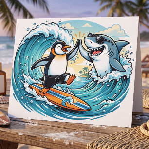 Tarjeta Pingüino Surfista y Tiburón Choca Manos