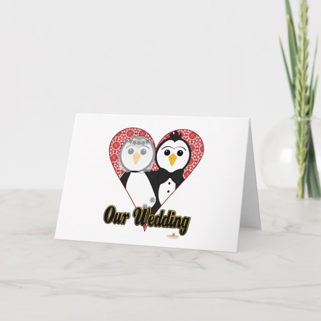 Tarjeta Pingüinos Boda Corazón de encaje Nuestro Boda (Anverso)